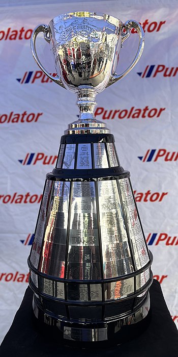 A trophy in the design of a silver cup affixed to a large, round wooden base. The base has silver plates attached to it engraved with the names of previous winners.