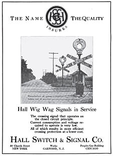 A 1916 advertisement for a Hall wigwag grade crossing signal Hall wigwag signal ad 1916.jpg