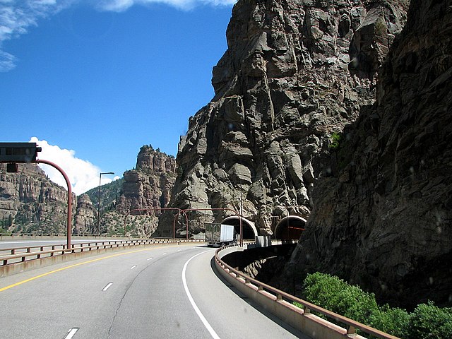 The western portal of the Hanging Lake Tunnel; at this point in the canyon both the river and the railroad are directly below the freeway viaducts.