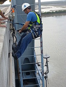 Construction worker wearing a five-point synthetic webbing safety harness, attached at the waist via a lanyard, with a back-up safety line rigged to a loop on the rear of his harness at his shoulders Harness - 01.jpg