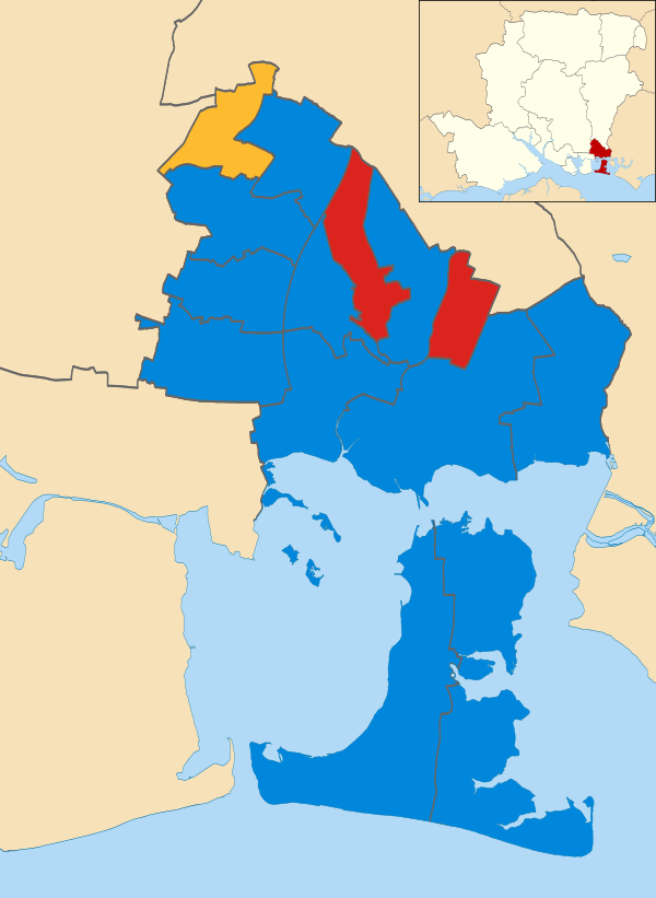 Map of the results of the 2004 Havant Borough Council election. Conservatives in blue, Liberal Democrats in yellow and Labour in red. Havant UK local election 2004 map.svg