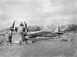 A Hawker Hurricane Mk.I of No. 601 Squadron RAF being serviced by Royal Air Force ground crew at an exposed dispersal at RAF Exeter, November 1940. Hawker Hurricane Mk I of No. 601 Squadron RAF being serviced at dispersal at Exeter, November 1940. CH1638.jpg