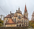 * Nomination Evangelical Church of St. Matthew Hetzelsdorf (Jurassic Dome) --Ermell 10:46, 16 November 2021 (UTC) * Promotion I'm not convinced here as part of the facade is hidden behind the wall, why didn't you take the picture over the wall or at the right to avoid it? --Poco a poco 18:53, 16 November 2021 (UTC) I'd like to get closer, but I'm already at 8mm with the wide angle. If you go to the right, the trees cover the building. Little space there. --Ermell 22:10, 16 November 2021 (UTC)  Support Ok --Poco a poco 23:22, 19 November 2021 (UTC)