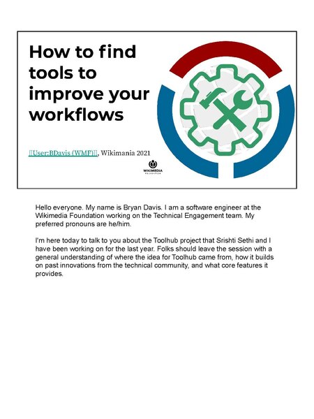 File:How to find tools to improve your workflows (Toolhub, Wikimania 2021).pdf