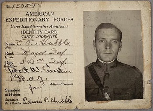 AEF officer's identity card belonging to Edwin Hubble, 1918