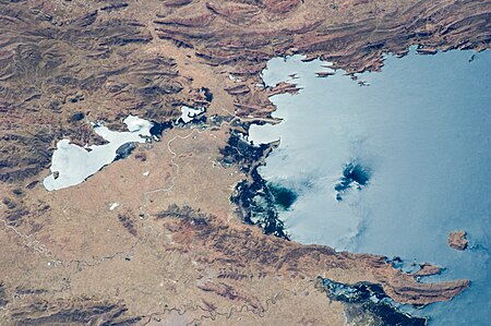 ISS-40 Lake Arapa (left) and Lake Titicaca.jpg