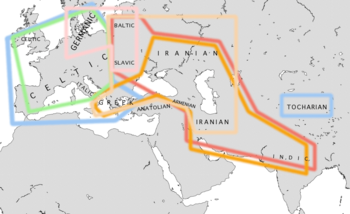 Some significant isoglosses in Indo-European daughter languages at around 500 BC.
Blue: centum languages
Red: satem languages
Orange: languages with augment
Green: languages with PIE *-tt- > -ss-
Tan: languages with PIE *-tt- > -st-
Pink: languages with instrumental, dative and ablative plural endings (and some others) in *-m- rather than *-bh- Indo-European isoglosses.png