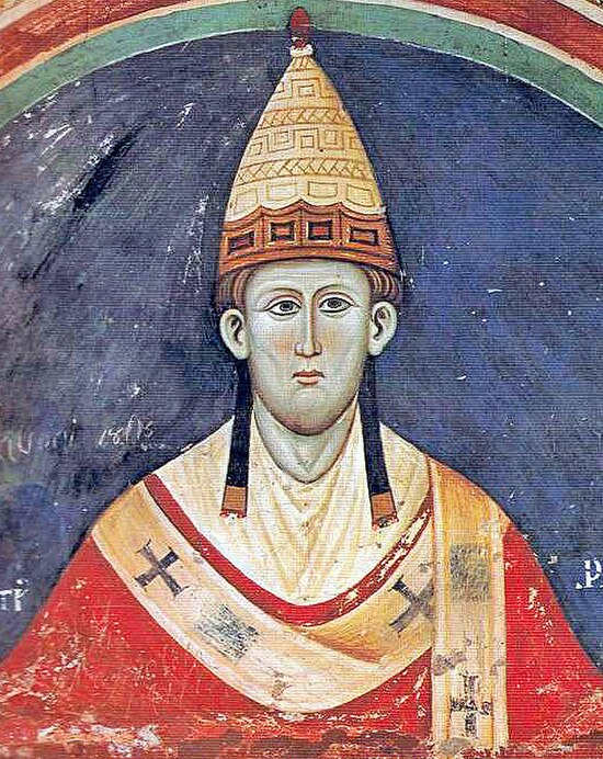 Pope Innocent III (1198–1216) in early papal tiara. Fresco at the Benedictine monastery at Sacro Speco [it], about 1219