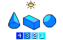 Isometric pixel art of cone, rectangle, and sphere.