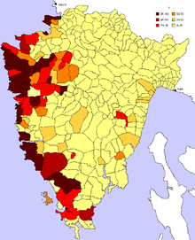 The Italian community in Istria (38%) was concentrated on its western coast. Croats formed the majority in the rest of the peninsula, with Slovenes in the north. Istria census 1910.PNG