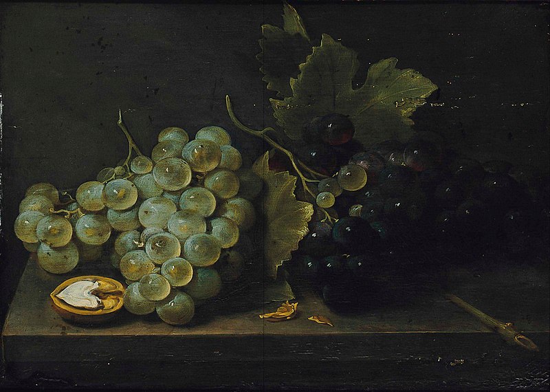 File:Jacob Foppens van Es - White and red grapes with an open walnut on a stone ledge.JPG