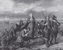 Jennie Brownscombe, The Landing of the Pilgrims, black-and-white copy of a lithograph, c. 1920
