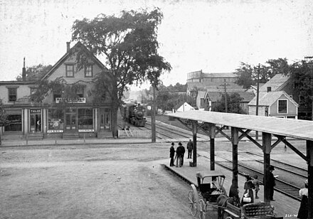 Aberdeen Street, Kentville as passenger train arrives, c. 1910