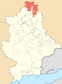 Aiemman Lymanin piirin alue Donetskin alueen kartalla. Laajentunut Lymanin kaupunkipiiri käsittää vuodesta 2016 lähtien myös tämän alueen.