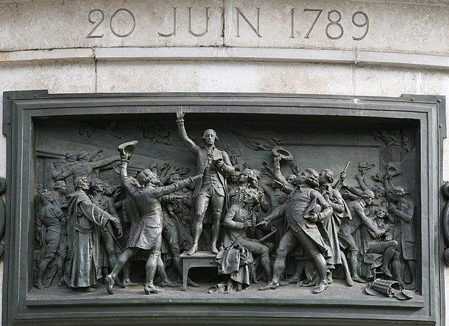 Клятва в залі для гри у м'яч на бронзовому горельєфі Л. Моріса — частина Монумента республіки в Парижі (1883)