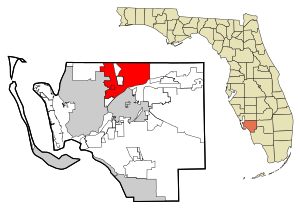 Lee County Florida Sisältää ja rekisteröimättömät alueet North Fort Myers Highlighted.svg