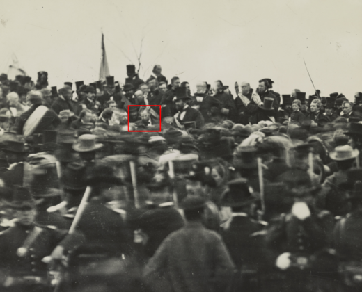 Lincoln (absent his usual top hat and highlighted in red) at Gettysburg on November 19, 1863. Roughly three hours later, he delivered the Gettysburg Address, one of the best known speeches in American history.[233][234]