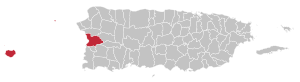 Mapa de Puerto Rico destacando el municipio de Mayagüez