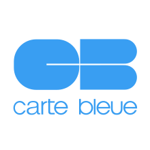 Logo du GIE Cartes Bancaires de 1984 à 2015. Représente les lettres C et B au centre, stylisées et dessinées par l'artiste Jean-Marie Chourgnoz. Sous ces lettres, la mention "carte bleue" en minuscule avec une police arrondie.