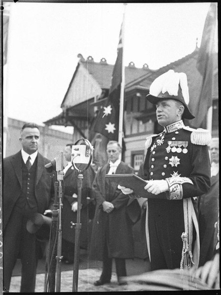 Lord Wakehurst is received in NSW by Premier Bertram Stevens (left) in 1937