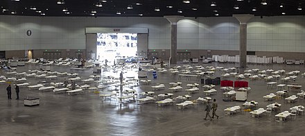 The Los Angeles Convention Center turned into a field hospital on March 29 to treat COVID-19 patients Los Angeles Convention Center with hospital beds for COVID-19.jpg