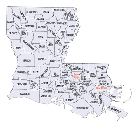 An enlargeable map of the 64 parishes of the state of Louisiana