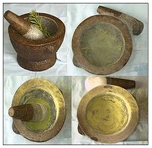 Mortar and pestle (Old method to mix spices) MorserPflanzenmaterial.jpg