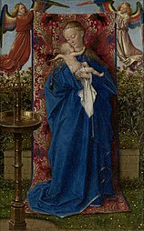 Madonna la fântână de Jan van Eyck, 1439. Alegerea robei albastre a lui Van Eyck poate fi privită ca dovadă a influenței italiene.