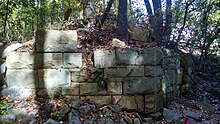 Stone bridge abutment for unfinished Manassas Gap Railroad crossing Indian Run Creek, located in Poe Terrace Park, Annandale, Virginia, U.S..