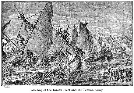 Junction of the Ionian fleet and the Persian army at the Bosphorus, in preparation for the Scythian campaign. 19th century illustration. Meeting of the Ionian fleet and the Persian army.jpg