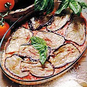 dish of cooked, sliced aubergines