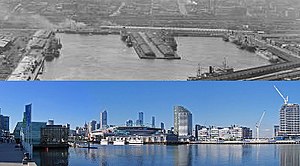 Melbourne Docklands urban renewal project, a transformation of a large disused docks area into a new residential and commercial precinct for 25,000 people Melbourne docklands urban renewal.jpg