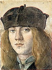 Portrait peint de la tête d'un jeune homme aux cheveux longs coiffé d'une toque.