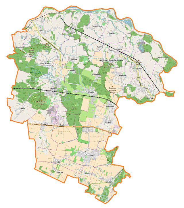 Mapa konturowa gminy Miękinia, po lewej znajduje się punkt z opisem „Miękinia”