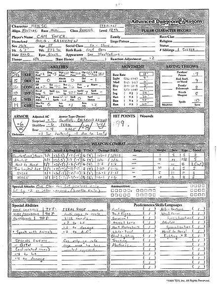 A Dungeons & Dragons character sheet listing skills such as "move silently" and "speak with animals"