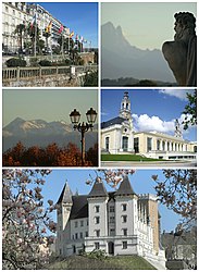 Top, left to right: The Boulevard des Pyrénées and the Pic du Midi d'Ossau\nMiddle, left to right: The Palais Beaumont and the Pic du Midi de Bigorre\nBottom: The Château de Pau