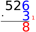 Första multiplikationen ( 3 ⋅ 6 = 18 ) 1:an skrivs som minnessiffra till höger.