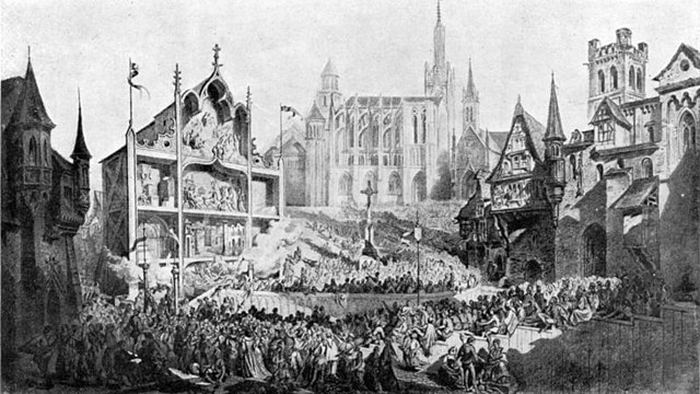 Depiction of a performance of the Mystery Play of Saint Clement in Metz during the Middle Ages.