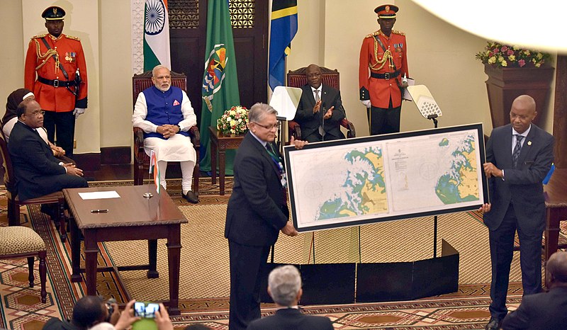 File:Narendra Modi and the President of the United Republic of Tanzania, Dr. John Magufuli, witnessing handing over of a navigational chart of Mkoani Harbour prepared by the Indian Hydrographic Survey, at the State House.jpg