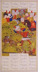 Bahram peleando con leones.  "Siete bellezas" de Nizami Ganjavi.  1479