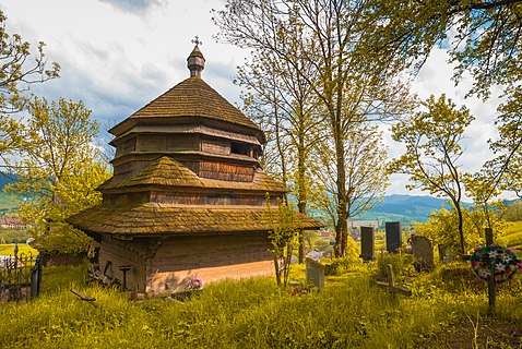 The bell tower of the Church of the Ascension, Yasinya, on a high hill above the valley of the right bank of the Black Tisza River