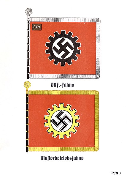 File:Organisationsbuc00nati 0 orig 0105 ORGANISATIONSBUCH DER NSDAP 1943 Parteigenossen Politische Leiter Uniformen Symbole Tafel 3 DAF.-Fahne Musterbetriebsfahne Public domain EDITED.jpg