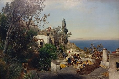 Italian coastal landscape near Naples label QS:Len,"Italian coastal landscape near Naples" 1880