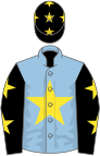 Light blue, yellow star, black sleeves, yellow stars and cap