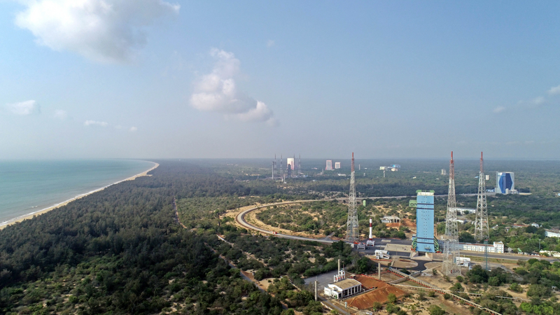 File:PSLV-C55, TeLEOS-2 - Panaromic view of SDSC-SHAR, Sriharikota. Partial stack of first and second stage being transferred from PIF to MST-FLP.webp