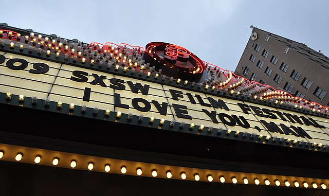 Sign at Paramount Theatre in Austin, Texas advertising the premiere of the film