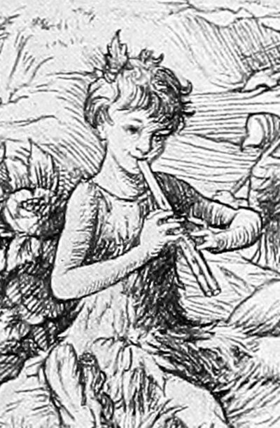 Illustration of Peter Pan playing the pipes, by F. D. Bedford from Peter and Wendy (1911)