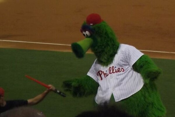 When the Phillies hosted a "Star Wars night" in August 2014, the Phanatic got in on the fun by using a lightsaber atop the visitors' dugout.