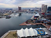 Pier Six Pavilion, foreground, with an overview of Inner Harbor Pier Six Pavilion and Inner Harbor.jpg