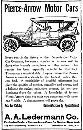 A 1911 Pierce-Arrow advertisement, Syracuse Post-Standard, 18 March 1910 Pierce-arrow 1911-0318.jpg